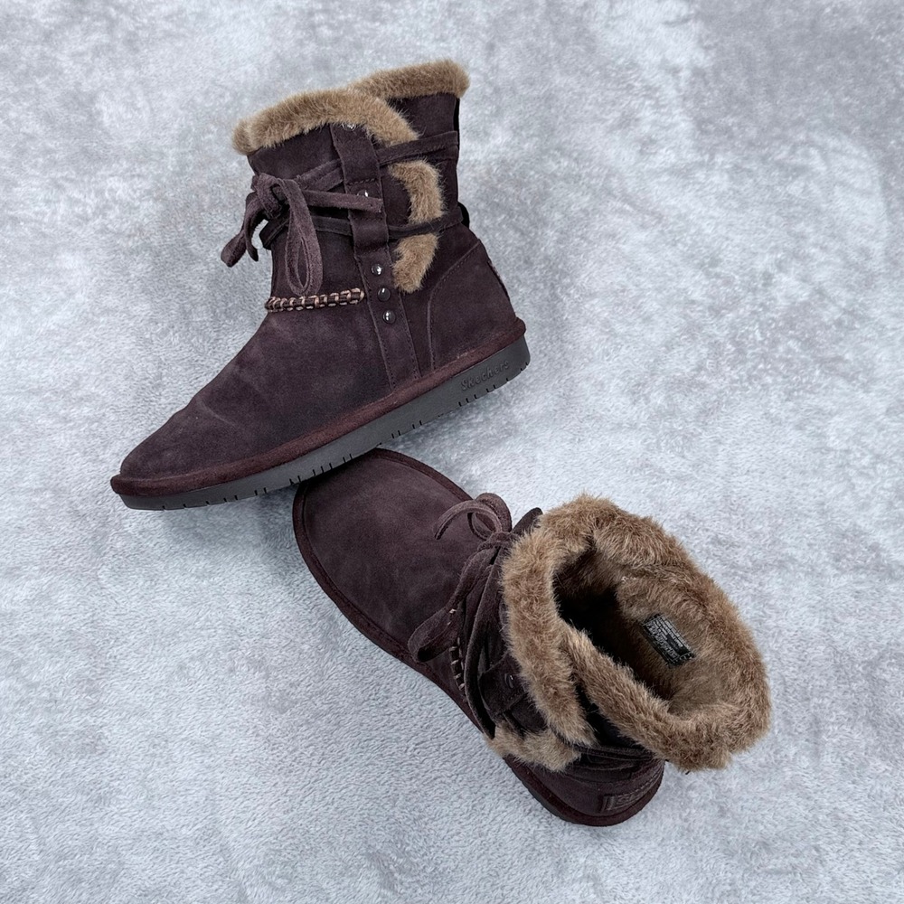 Skechers Australia Shelby Boots Women 7.5 Brown Suede Faux Fur Lace Up Wrap